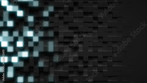 Black Blocks Abstract motion graphics background and animated background of square black blocks with bright blocks in highlights and moving to the right. photo