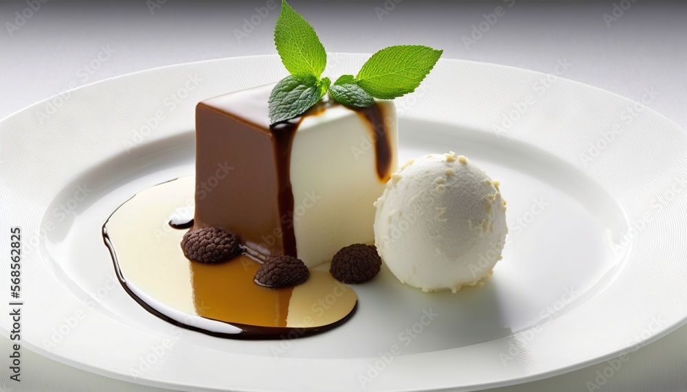a plate with a piece of chocolate cake and ice cream on it with a mint sprig on top of the plate and a scoop of ice cream on the plate. generative ai a plate with a piece of chocolate cake and ice cream on it with a mint sprig on top of the plate and a scoop of ice cream on the plate. generative ai