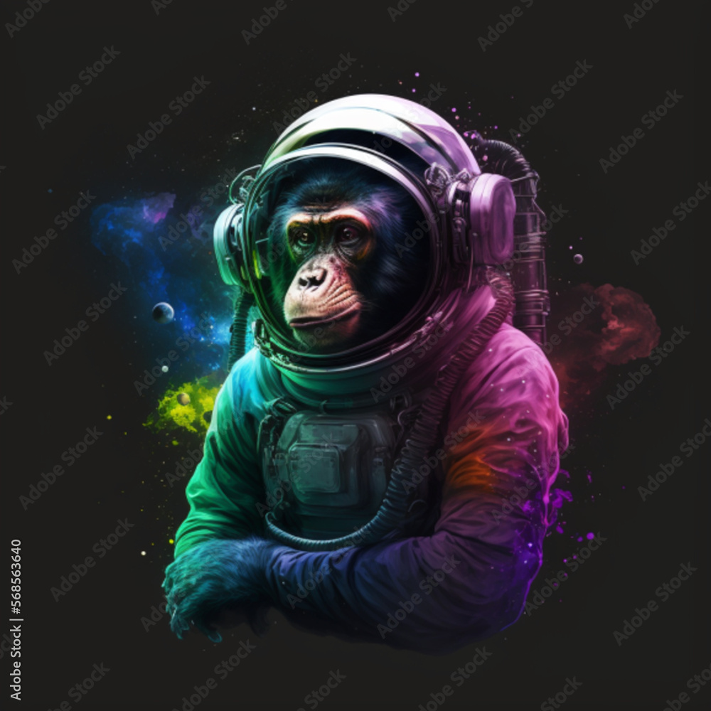 monkey in space suit in galaxy inside black holes, colors blue purple green pink, landscape, genative AI monkey in space suit in galaxy inside black holes, colors blue purple green pink, landscape, genative AI