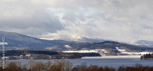 Snowy rural mountain winter landscape.