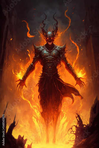 Demon escaping from the tongues of hellfire, epic fantasy character, horror, devil, art illustration 