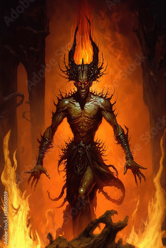 Demon escaping from the tongues of hellfire, epic fantasy character, horror, devil, art illustration 