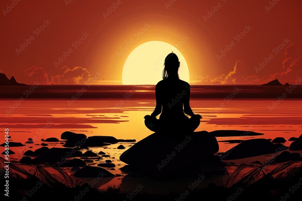 Silhouette of young beautiful girl making yoga on sunset on sand beach near the sea or ocean, meditation and harmony concept.