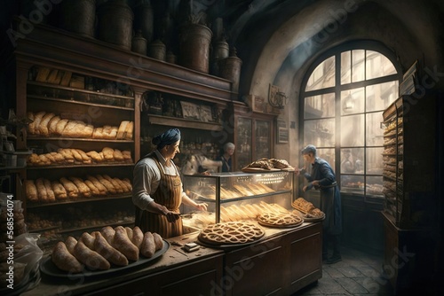 Fotografia a painting of a woman working in a bakery with a man looking at a tray of baked goods in front of a display of baked goods
