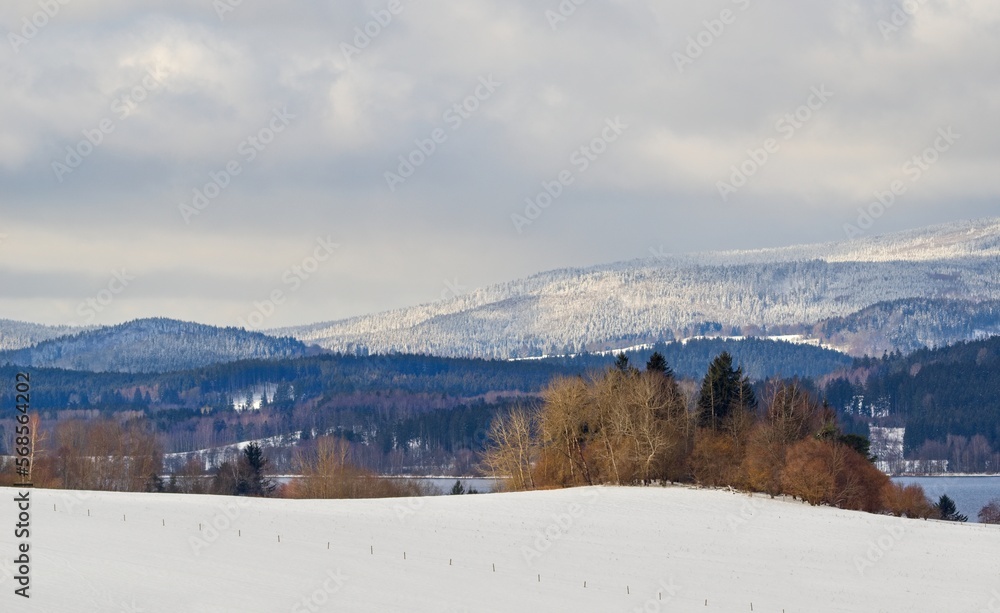Snowy rural mountain winter landscape.