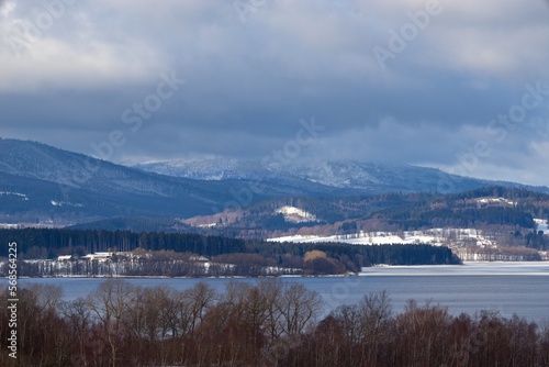 Snowy rural mountain winter landscape.