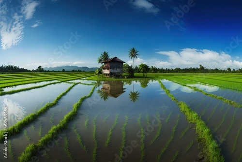  a house in the middle of a rice field with a reflection of the sky in the water and the grass in the foreground is almost submerged in the water. generative ai