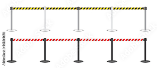 Realistic yellow and red retractable belt stanchion. Crowd control barrier posts with caution strap. Queue lines. Restriction border and danger tape. Attention, warning sign. Vector illustration