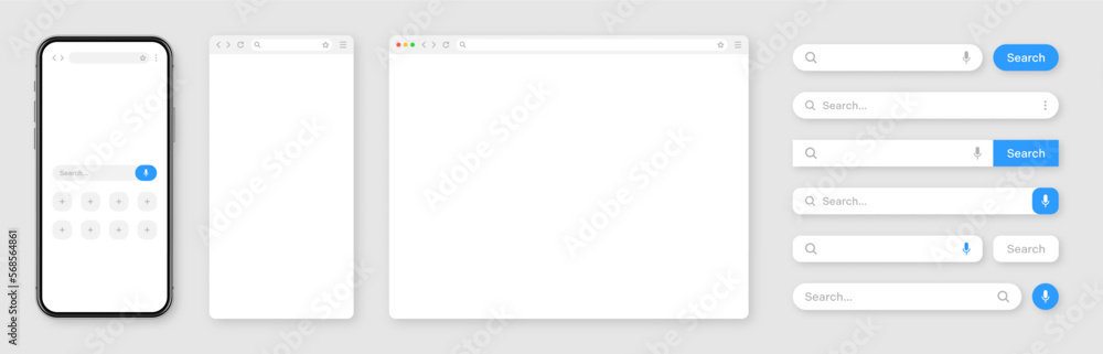Smartphone, blank internet browser window with various search bar templates. Web site engine with search box, address bar and text field. UI design, website interface elements. Vector illustration Smartphone, blank internet browser window with various search bar templates. Web site engine with search box, address bar and text field. UI design, website interface elements. Vector illustration
