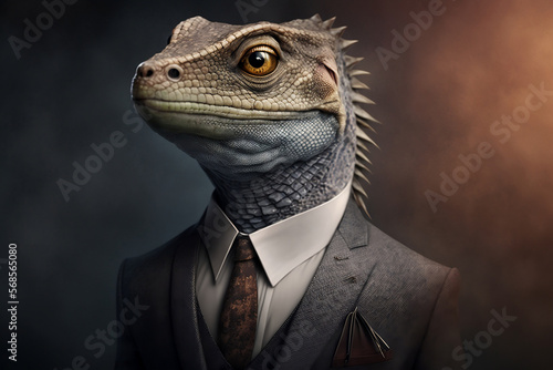 Portrait of a Lizard Dressed in a Formal Business Suit, The Elegant Boss Lizard, Generative Ai