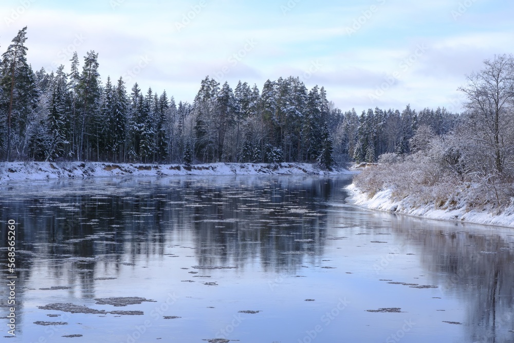 Latvia's longest river. Landscape with river in winter, river bank surrounded by trees, winter day, Gauja National Park. Latvia. Latvia's longest river. Landscape with river in winter, river bank surrounded by trees, winter day, Gauja National Park. Latvia.