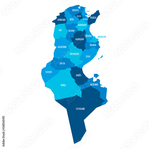 Tunisia political map of administrative divisions - governorates. Flat blue vector map with name labels.