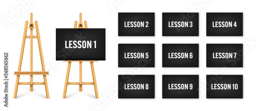 Realistic paint desk with text on black canvas. Wooden easel and a sheet of drawing paper. Presentation board on a tripod. Online studying, e-learning and education, web tutorial. Vector illustration