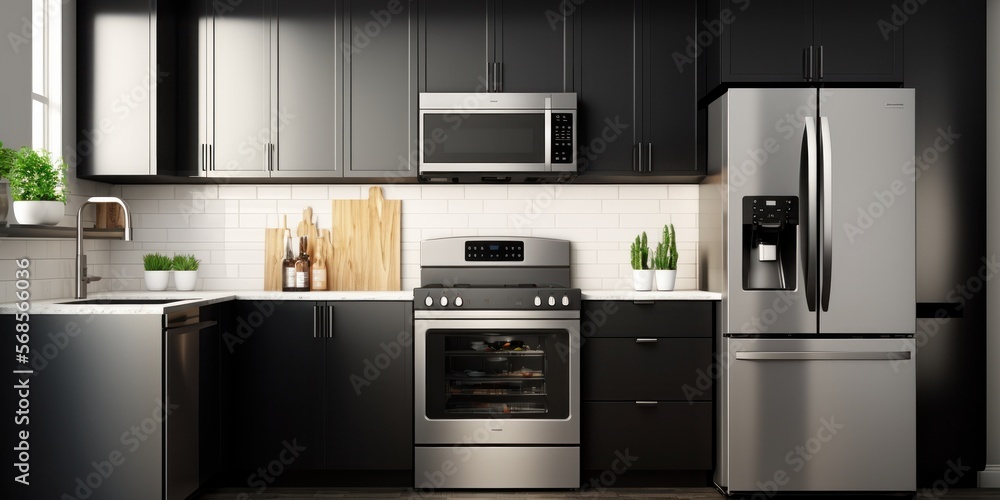 Fototapeta premium Kitchen Mockup with Dark Grey Cabinets and Stainless Steel Appliances
