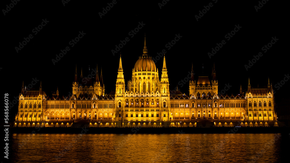 Budapest Parliament Building at night from across the Danube River in Hungary