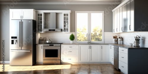 Kitchen Mockup Illustration With White Cabinets and Wooden Flor