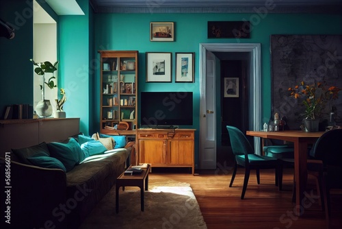 Living Room Mockup with Teal and Brown Color Scheme