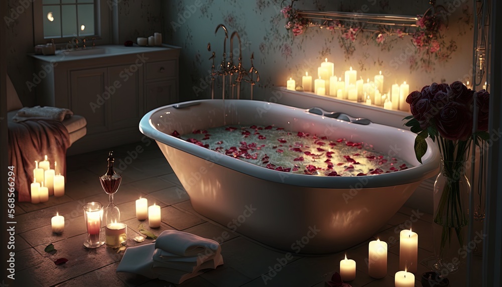 a bath tub filled with lots of candles next to a sink filled with flowers  and candles next to a bath tub filled with roses and candles. generative ai  Stock Illustration