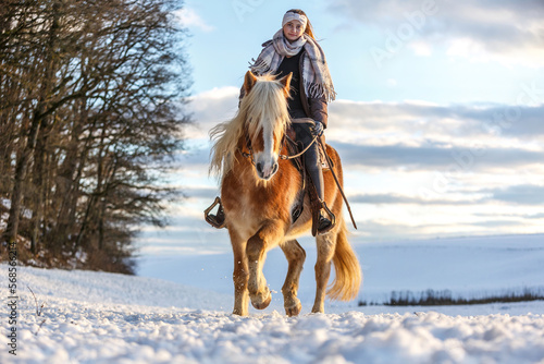 A young equestrian teenage girl rides on her haflinger horse through the snow in the evening during sundown in front of a snowy rural winter landscape