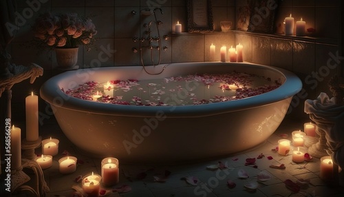  a bath tub filled with lots of candles next to a wall of flowers and candles on the floor of a bathroom with a tub full of water. generative ai