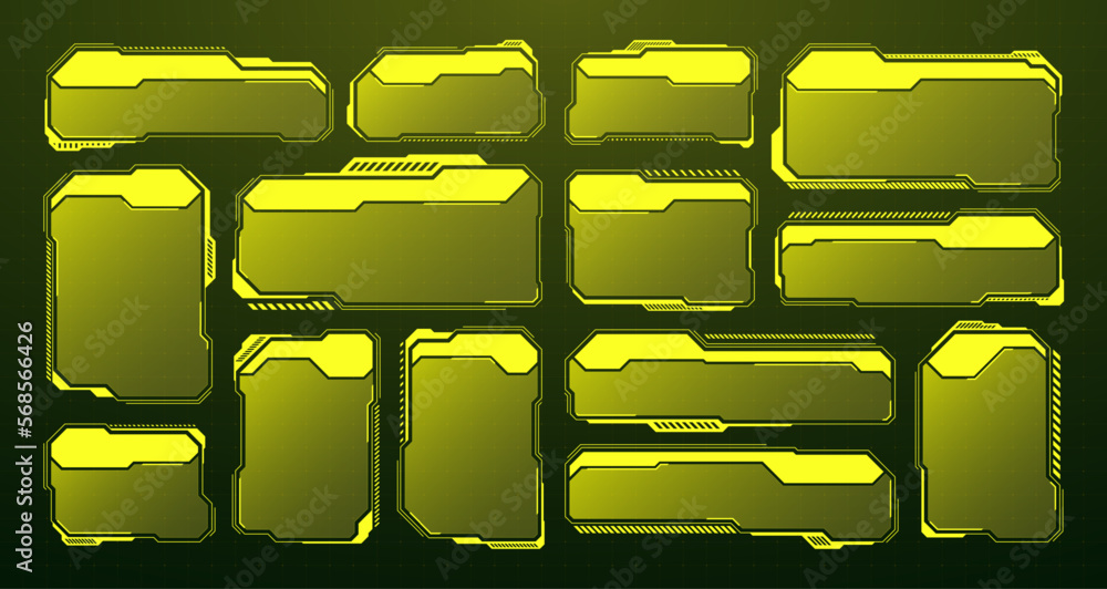 Yellow futuristic HUD, UI elements. Sci-fi user interface text boxes ...