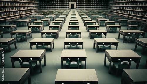  a large room filled with lots of desks and bookshelves in a library filled with lots of bookshelves filled with books. generative ai