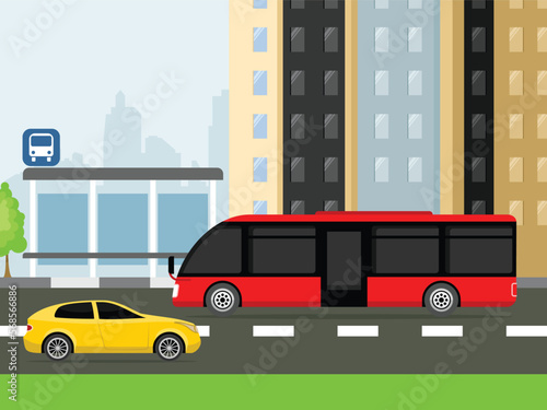 Fototapeta Naklejka Na Ścianę i Meble -  Vector bus stop. View of modern street with a bus on the road. Vector illustration