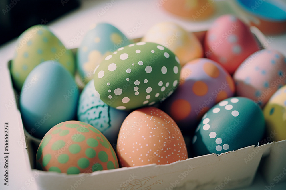 Fototapeta premium Colorful Easter eggs prepared for the celebration. Ai generated.