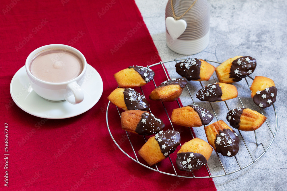 Traditional French Madeleine served with coffee, Valentine's Day.