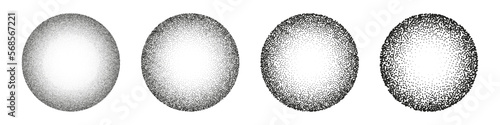 Round shaped dotted objects, stipple elements. Fading gradient. Stippling, dotwork drawing, shading using dots. Pixel disintegration, halftone effect. White noise grainy texture. Vector illustration