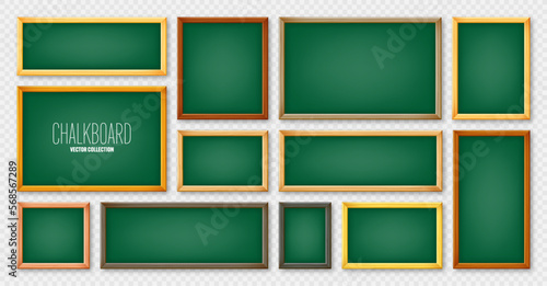 Realistic various chalkboards in a wooden frame. Green restaurant menu board. School blackboard, writing surface for text or drawing. Blank advertising or presentation boards. Vector illustration
