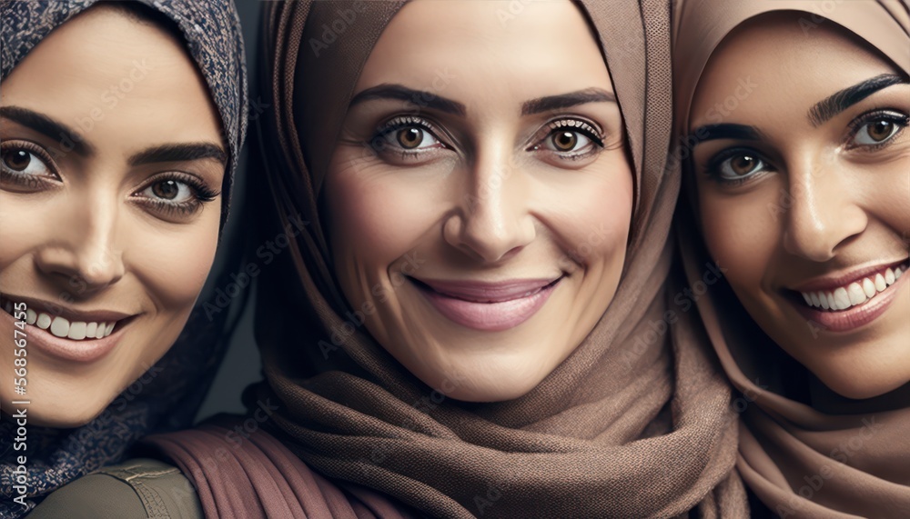 Smiling young middle eastern woment wearing a hijab looking at the camera. generative AI Smiling young middle eastern woment wearing a hijab looking at the camera. generative AI