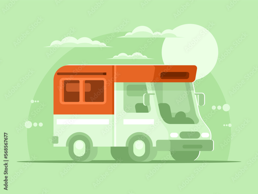 Motorhome camper van for travel in the holiday on the background of dawn. Vector illustration