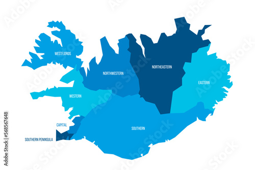 Iceland political map of administrative divisions - regions. Flat blue vector map with name labels.