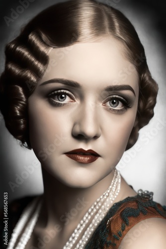 headshot of a gorgeous attractive young female, 1920s, beaded silk fashion. Generative AI