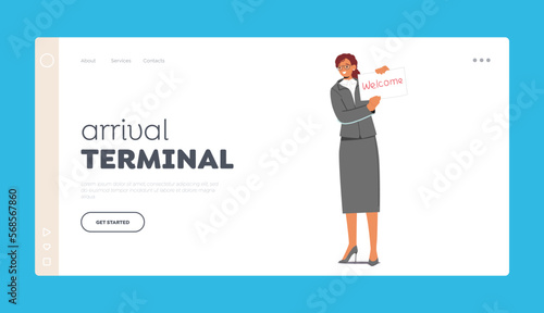 Arrival Terminal Landing Page Template. Female Character Wearing Formal Suit Meeting Someone in Airport Hall