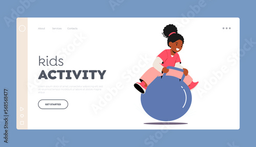 Kids Activity Landing Page Template. Black Baby Jump on Fitball. Kid Girl Jumping on Fitness Ball. Child Amusement