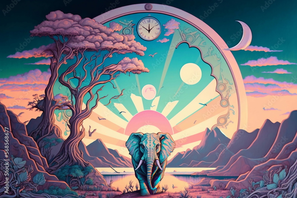 A Surrealistic Landscape, Pastel Colored Mountains and Trees with a Neon Tone Gradient Sun and a Flying Elephant and Giant Clock in the Middle