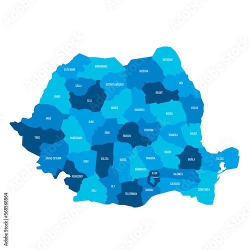 Romania political map of administrative divisions - counties and autonomous municipality of Bucharest. Flat blue vector map with name labels. photo