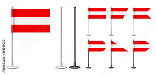 Realistic various Austrian table flags on a chrome steel pole. Souvenir from Austria. Desk flag made of paper or fabric, shiny metal stand. Mockup for promotion and advertising. Vector illustration