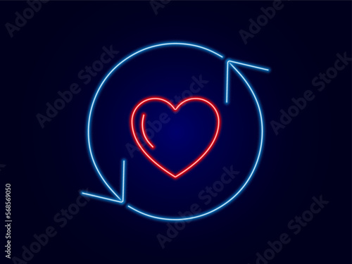 Loyality neon icon in red and blue color. circle arrows with heart. Vector illustration
