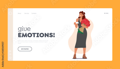 Flowers Delivery Service Landing Page Template. Surprised Girl Get Bouquet with Card from Courier for Valentine Day