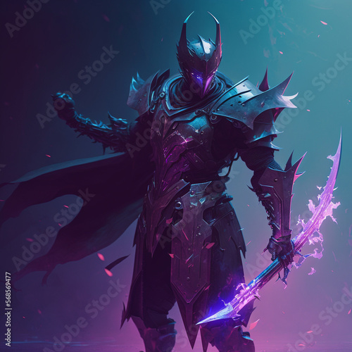warrior in armor and helmet with glowing lightsaber