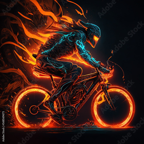 a man on a bicycle from which orange flames come, he is wearing a helmet, logo, avatar