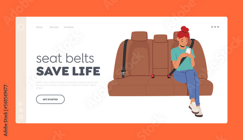 Seat Belts Save Life Landing Page Template. Girl Character Sitting On Car Seat with Smartphone. Child Safety