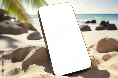 Phone with blank screen in beach sand on background of blue sea. Based on Generative AI © Yeti Studio