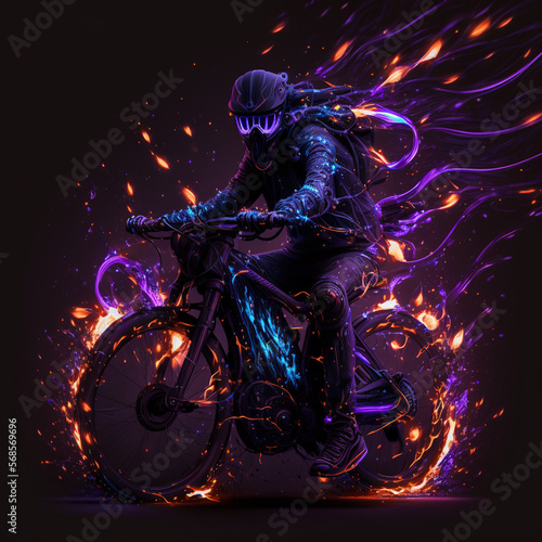 a man on a bicycle wearing a helmet emitting purple fire logo avatar © Artem