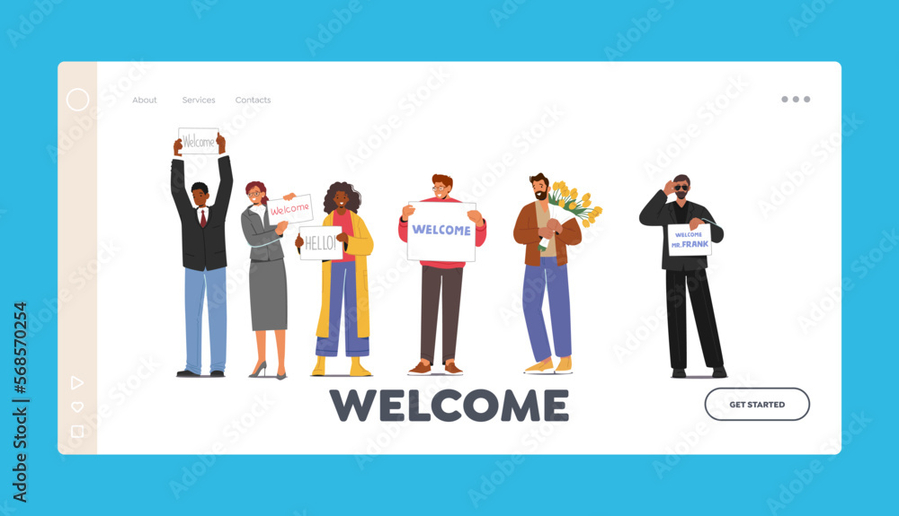 People Meeting Someone in Airport Landing Page Template. Male and Female Characters Holding Welcome Banners