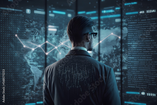 Big data technology and data science with person from the back, data flowing on virtual screen. Business analytics, artificial intelligence, machine learning. Engineer or scientist. © Prasanth