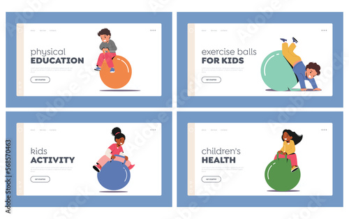Kids Jumping On Fitness Ball Landing Page Template Set. Little Children Characters Having Fun Or Take Part In Amusement